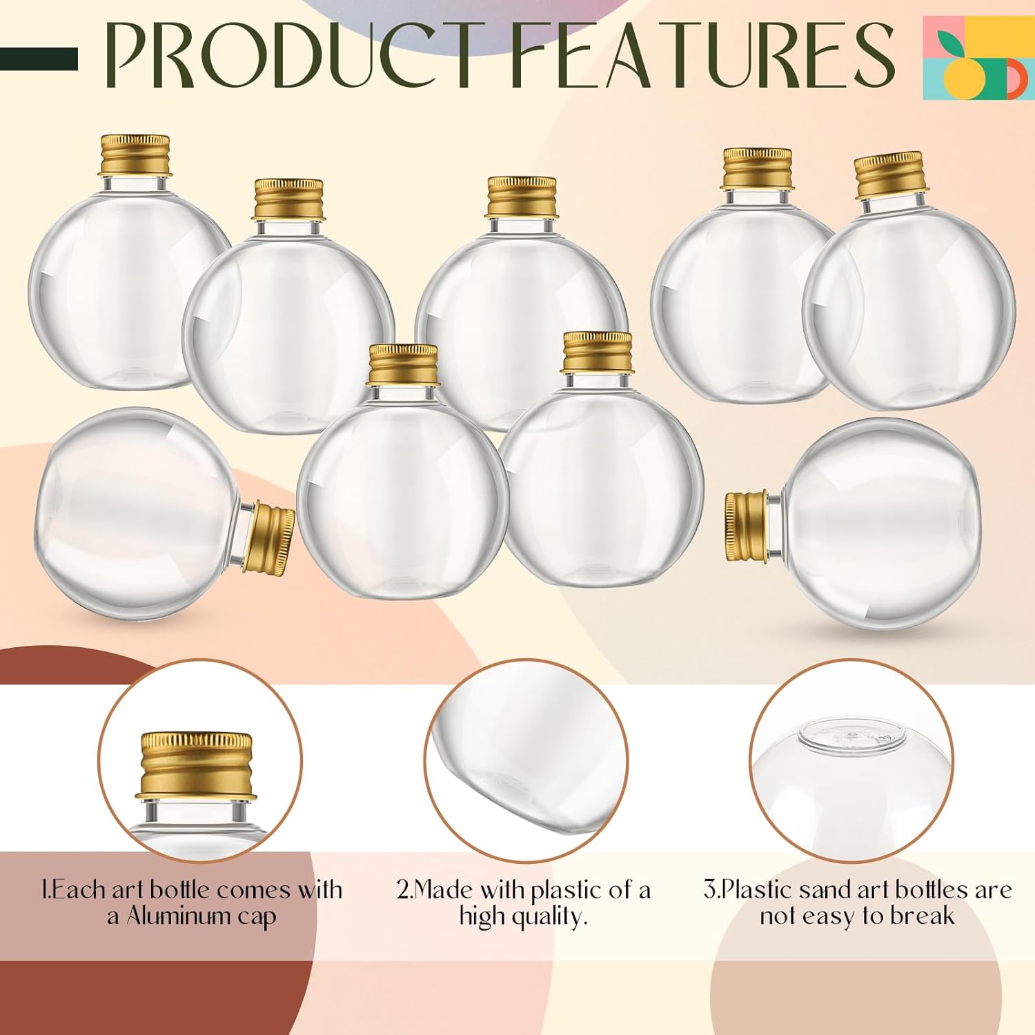 Jinei 30 Packs 8 oz Spherical Plastic Potion Bottles Ball Shape Sand Bottles Clear Plastic Cocktail Ornament Balls with Funnels for DIY Wedding Party Gift Crafts Decoration(Lid,Gold)